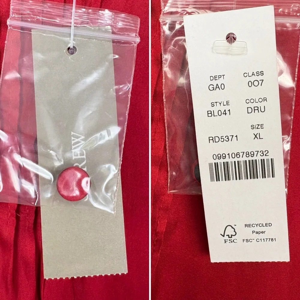 J. Crew Ruffle Neck Drapey Top NWT Size XL Red Satin Puff Sleeves Holidays Party